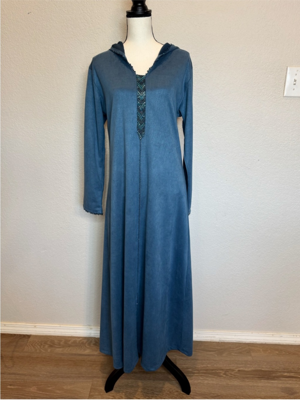 Moroccan Hooded Kaftan Djellaba Blue Beaded Maxi Dress Women’s Handmade